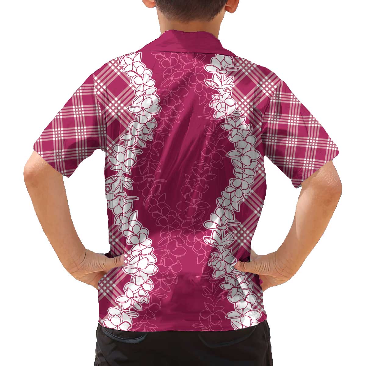 Hawaii Aloha Plumeria Lei Fuschia Palaka Family Matching Off The Shoulder Long Sleeve Dress and Hawaiian Shirt LT7 - Polynesian Pride