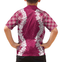 Hawaii Aloha Plumeria Lei Fuschia Palaka Family Matching Off The Shoulder Long Sleeve Dress and Hawaiian Shirt LT7 - Polynesian Pride