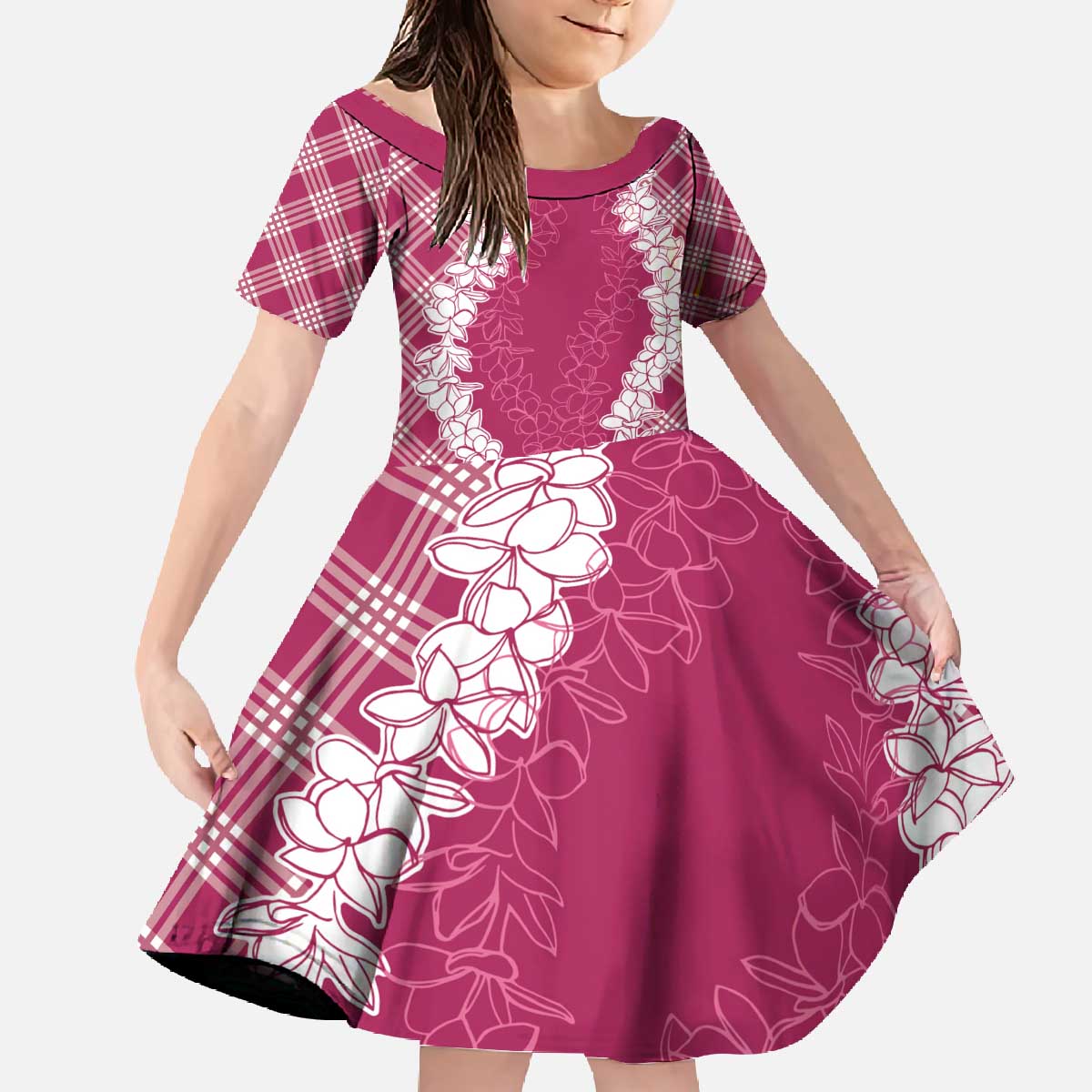 Hawaii Aloha Plumeria Lei Fuschia Palaka Family Matching Off The Shoulder Long Sleeve Dress and Hawaiian Shirt LT7 Daughter's Dress Fuschia - Polynesian Pride