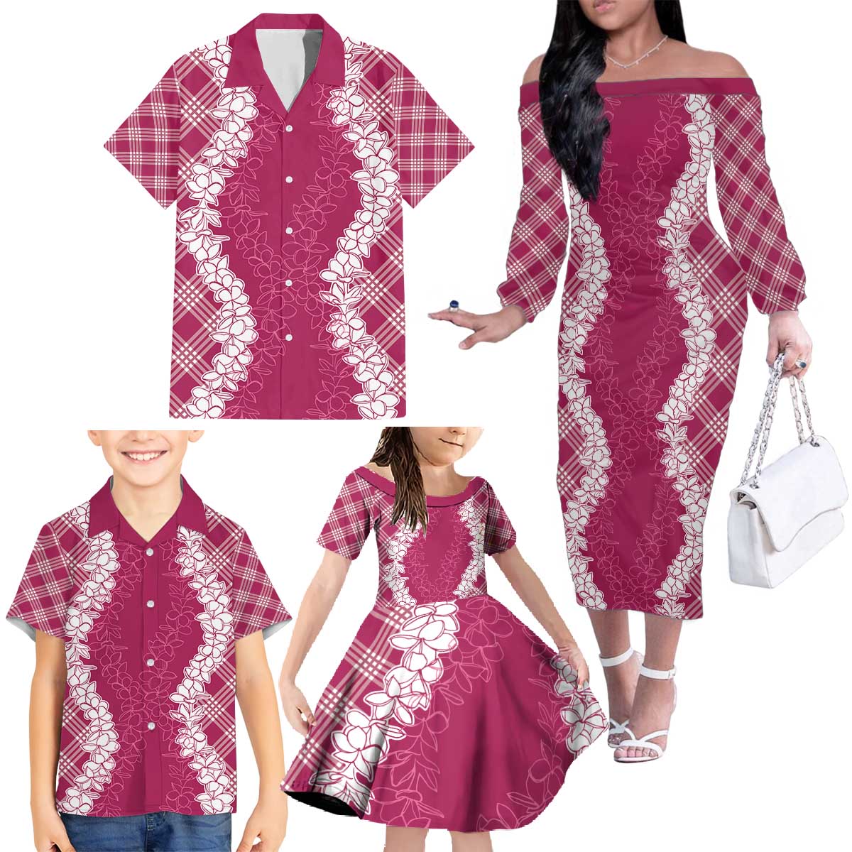 Hawaii Aloha Plumeria Lei Fuschia Palaka Family Matching Off The Shoulder Long Sleeve Dress and Hawaiian Shirt LT7 - Polynesian Pride