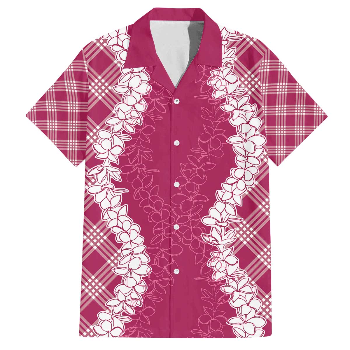 Hawaii Aloha Plumeria Lei Fuschia Palaka Family Matching Off The Shoulder Long Sleeve Dress and Hawaiian Shirt LT7 Dad's Shirt - Short Sleeve Fuschia - Polynesian Pride