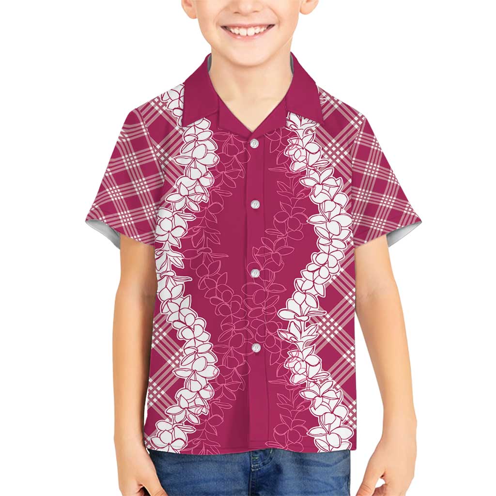 Hawaii Aloha Plumeria Lei Fuschia Palaka Family Matching Puletasi and Hawaiian Shirt LT7 Son's Shirt Fuschia - Polynesian Pride