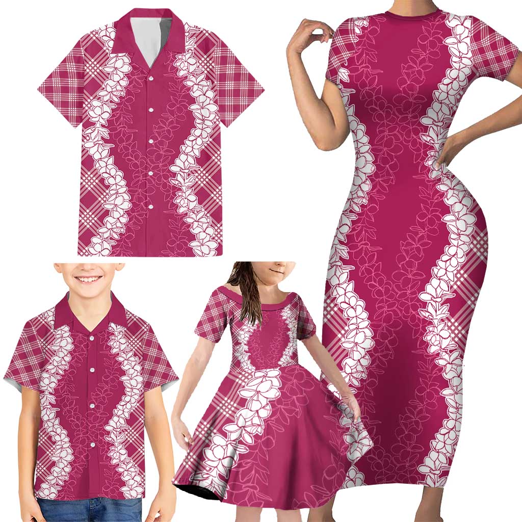Hawaii Aloha Plumeria Lei Fuschia Palaka Family Matching Short Sleeve Bodycon Dress and Hawaiian Shirt LT7 - Polynesian Pride