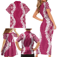 Hawaii Aloha Plumeria Lei Fuschia Palaka Family Matching Short Sleeve Bodycon Dress and Hawaiian Shirt LT7 - Polynesian Pride