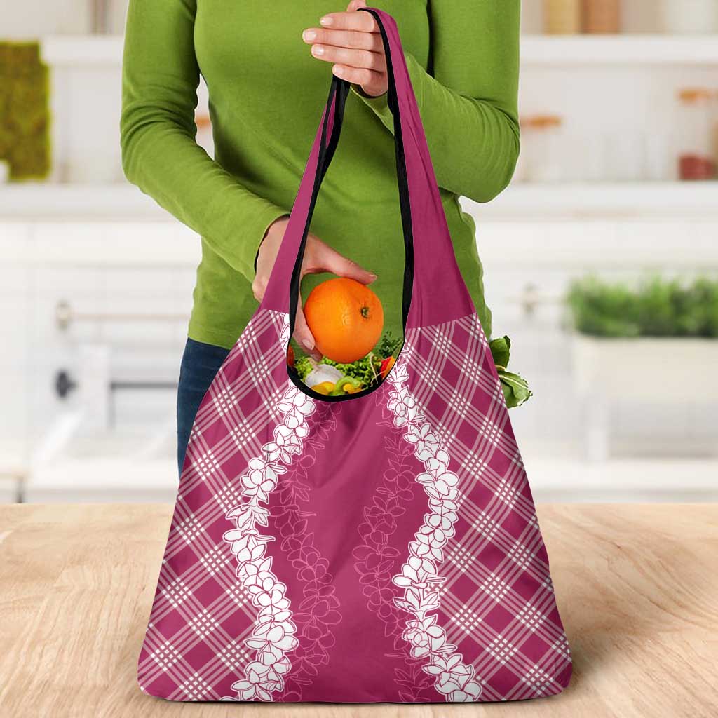 Hawaii Aloha Plumeria Lei Fuschia Palaka Grocery Bag - Polynesian Pride