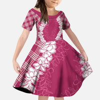 Hawaii Aloha Plumeria Lei Fuschia Palaka Kid Short Sleeve Dress - Polynesian Pride