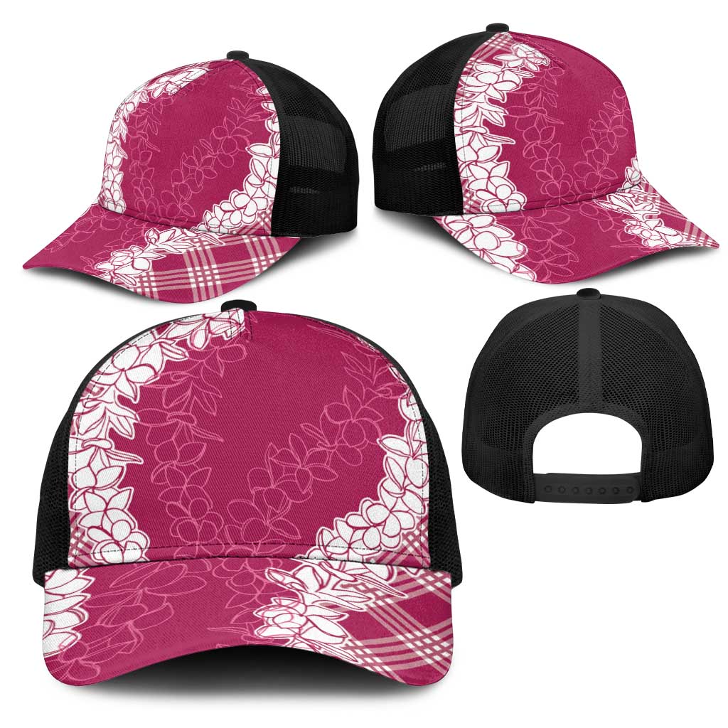 Hawaii Aloha Plumeria Lei Fuschia Palaka Mesh Trucker Cap - Polynesian Pride