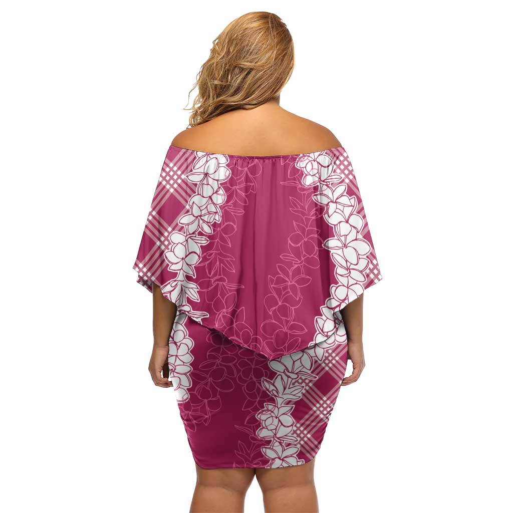 Hawaii Aloha Plumeria Lei Fuschia Palaka Off Shoulder Short Dress - Polynesian Pride