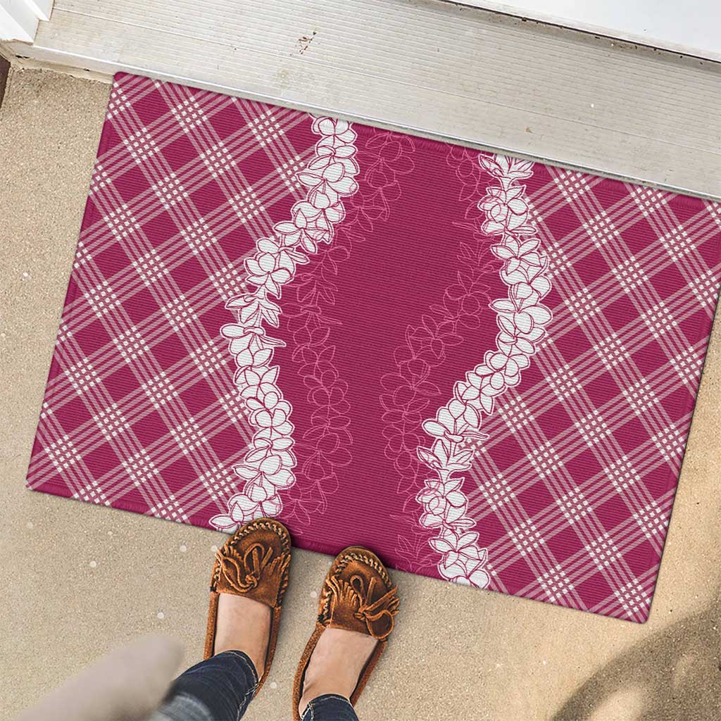 Hawaii Aloha Plumeria Lei Fuschia Palaka Rubber Doormat - Polynesian Pride