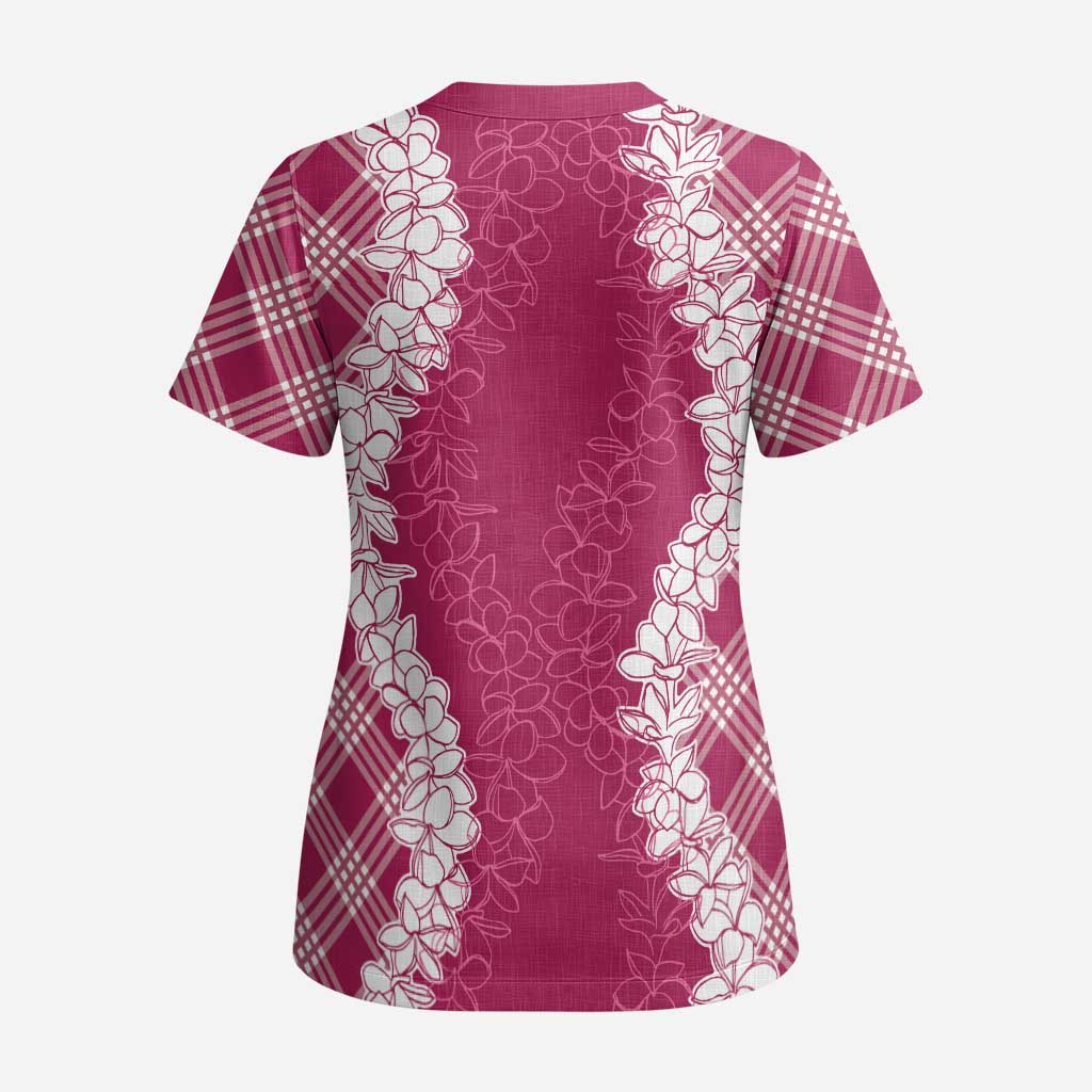 Hawaii Aloha Plumeria Lei Fuschia Palaka Scrub Top - Polynesian Pride