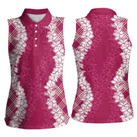 Hawaii Aloha Plumeria Lei Fuschia Palaka Women Sleeveless Polo Shirt LT7 - Polynesian Pride