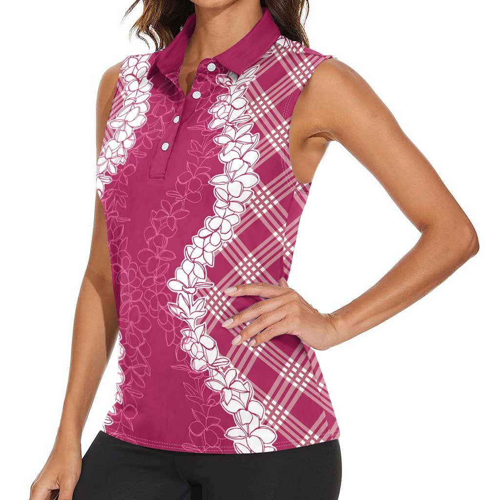 Hawaii Aloha Plumeria Lei Fuschia Palaka Women Sleeveless Polo Shirt LT7 - Polynesian Pride