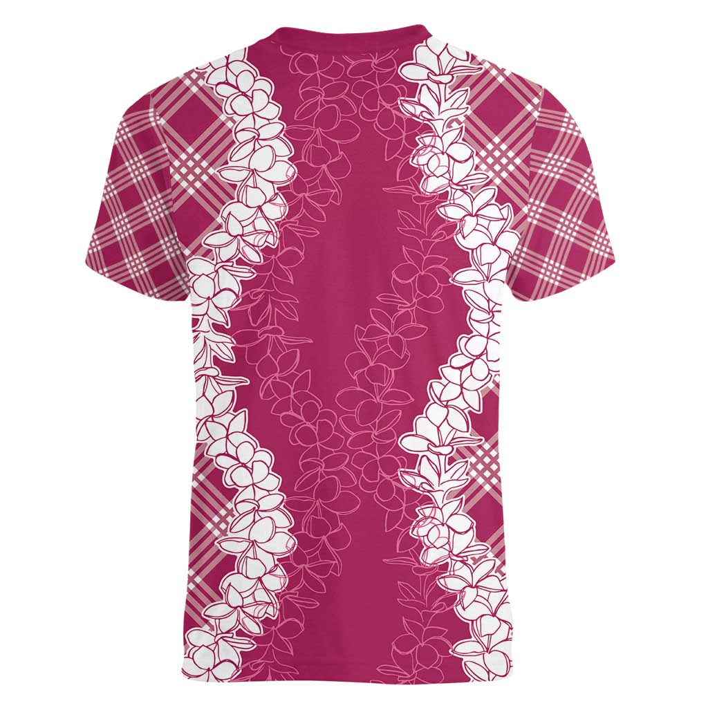 Hawaii Aloha Plumeria Lei Fuschia Palaka Women V-Neck T-Shirt LT7 - Polynesian Pride
