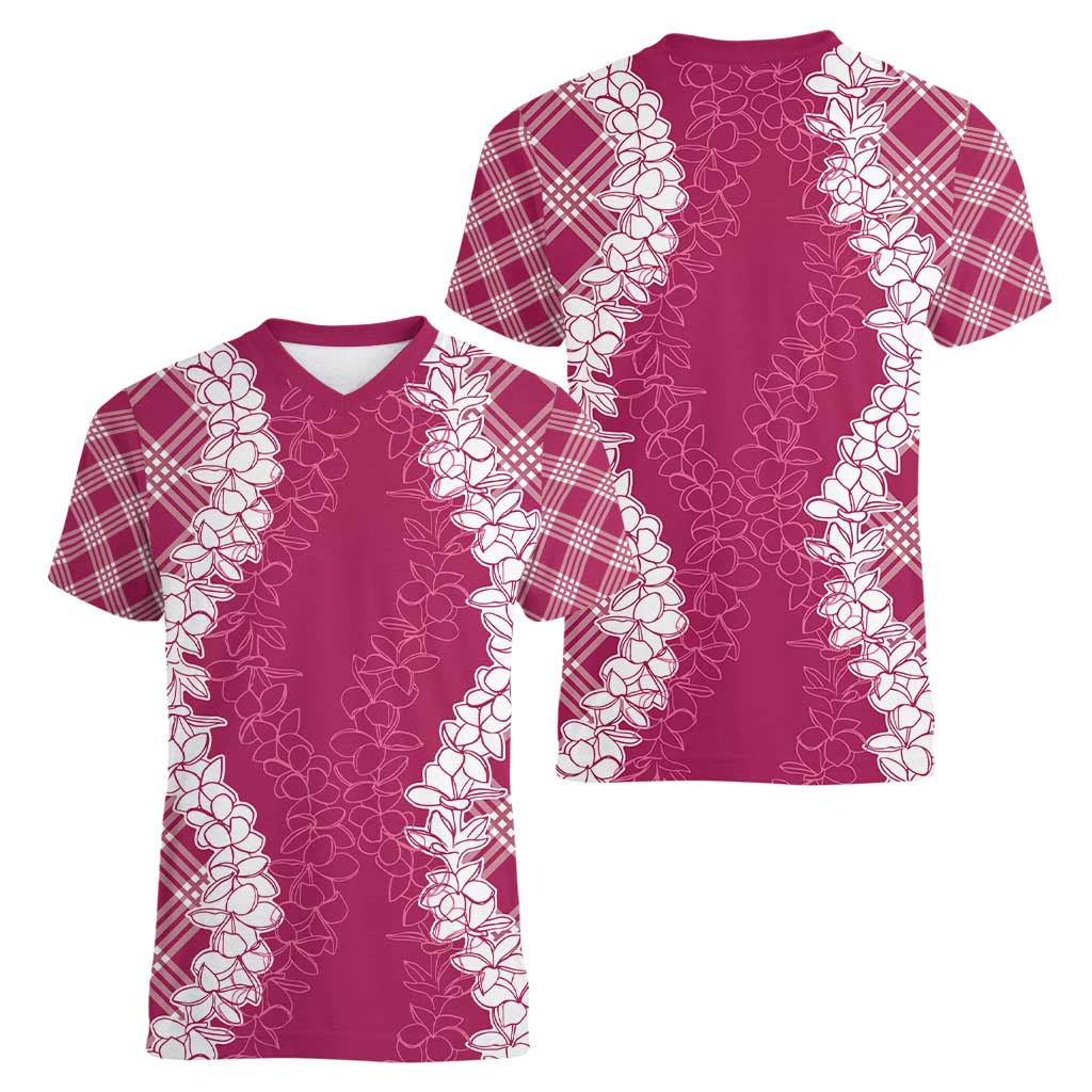 Hawaii Aloha Plumeria Lei Fuschia Palaka Women V-Neck T-Shirt LT7 - Polynesian Pride