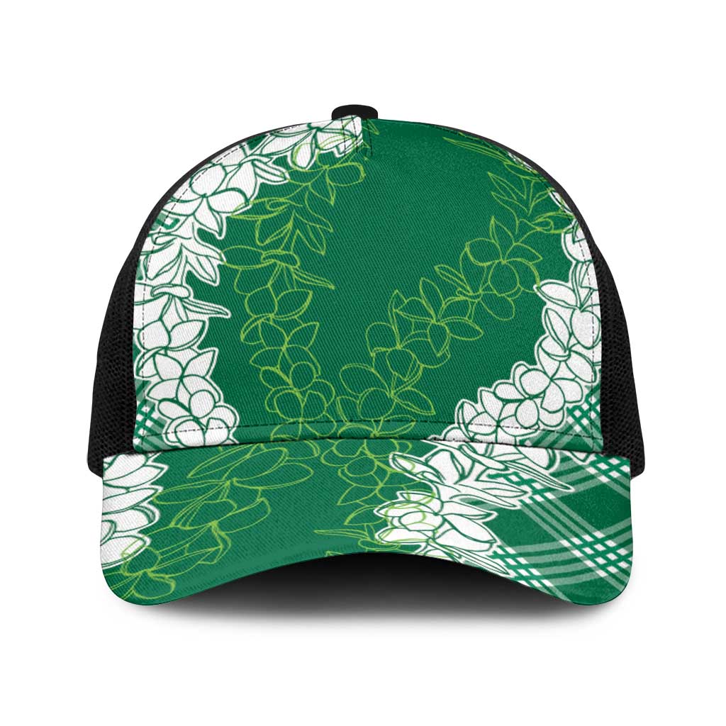 Hawaii Aloha Plumeria Lei Green Palaka Baseball Net Cap - Polynesian Pride
