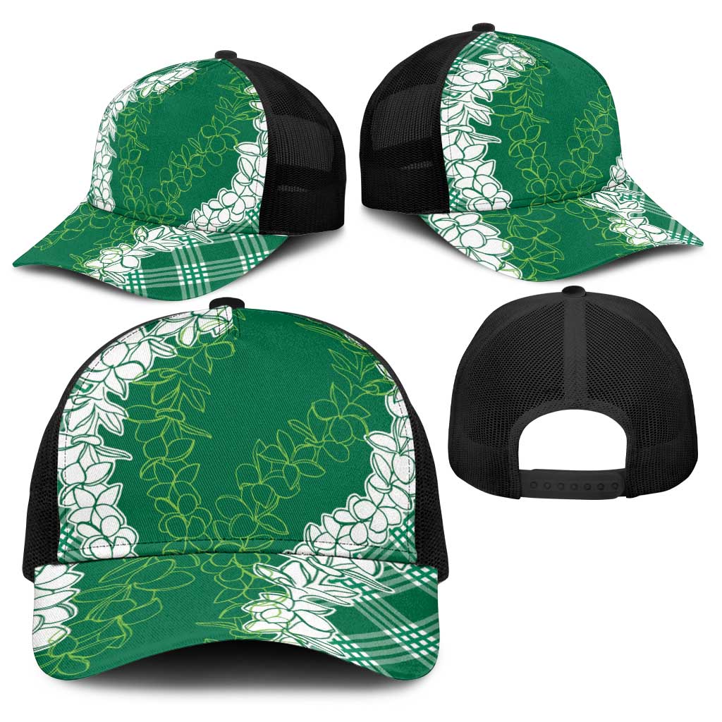 Hawaii Aloha Plumeria Lei Green Palaka Baseball Net Cap - Polynesian Pride