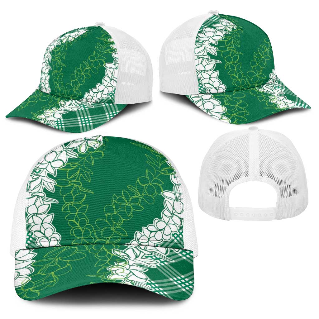 Hawaii Aloha Plumeria Lei Green Palaka Baseball Net Cap - Polynesian Pride