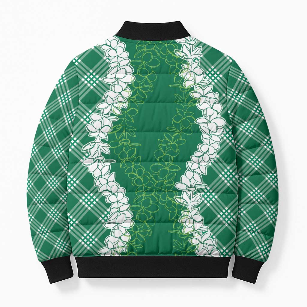 Hawaii Aloha Plumeria Lei Green Palaka Bomber Puffer Jacket - Polynesian Pride