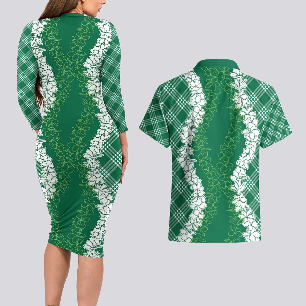Hawaii Aloha Plumeria Lei Green Palaka Couples Matching Long Sleeve Bodycon Dress and Hawaiian Shirt LT7 - Polynesian Pride