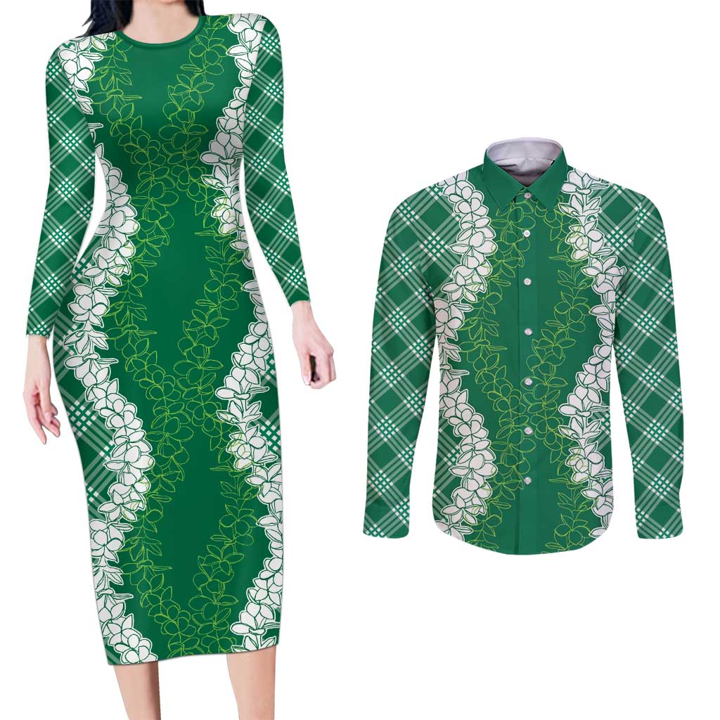 Hawaii Aloha Plumeria Lei Green Palaka Couples Matching Long Sleeve Bodycon Dress and Long Sleeve Button Shirt LT7 Green - Polynesian Pride