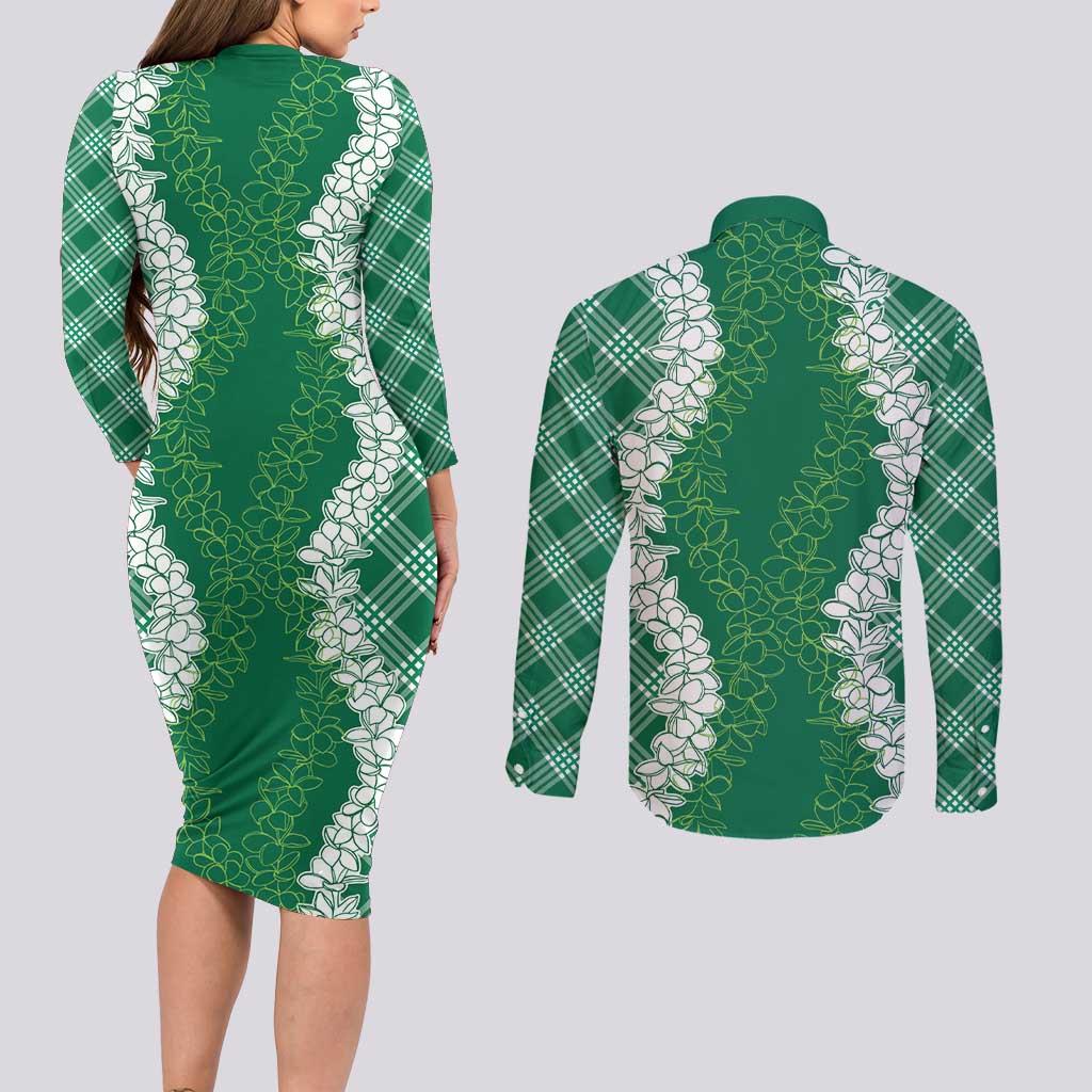 Hawaii Aloha Plumeria Lei Green Palaka Couples Matching Long Sleeve Bodycon Dress and Long Sleeve Button Shirt LT7 - Polynesian Pride