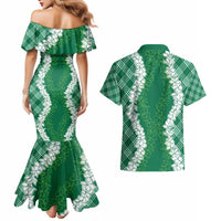 Hawaii Aloha Plumeria Lei Green Palaka Couples Matching Mermaid Dress and Hawaiian Shirt LT7 - Polynesian Pride