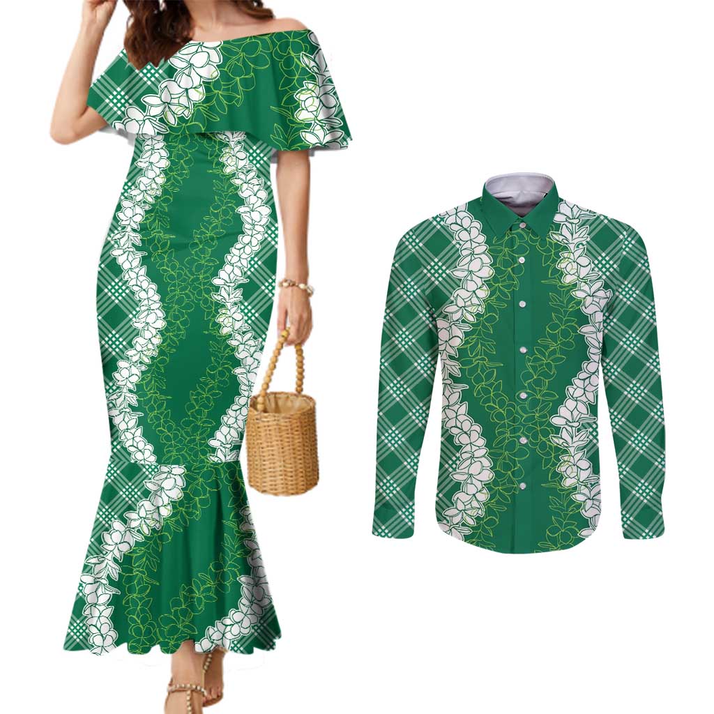 Hawaii Aloha Plumeria Lei Green Palaka Couples Matching Mermaid Dress and Long Sleeve Button Shirt LT7 Green - Polynesian Pride