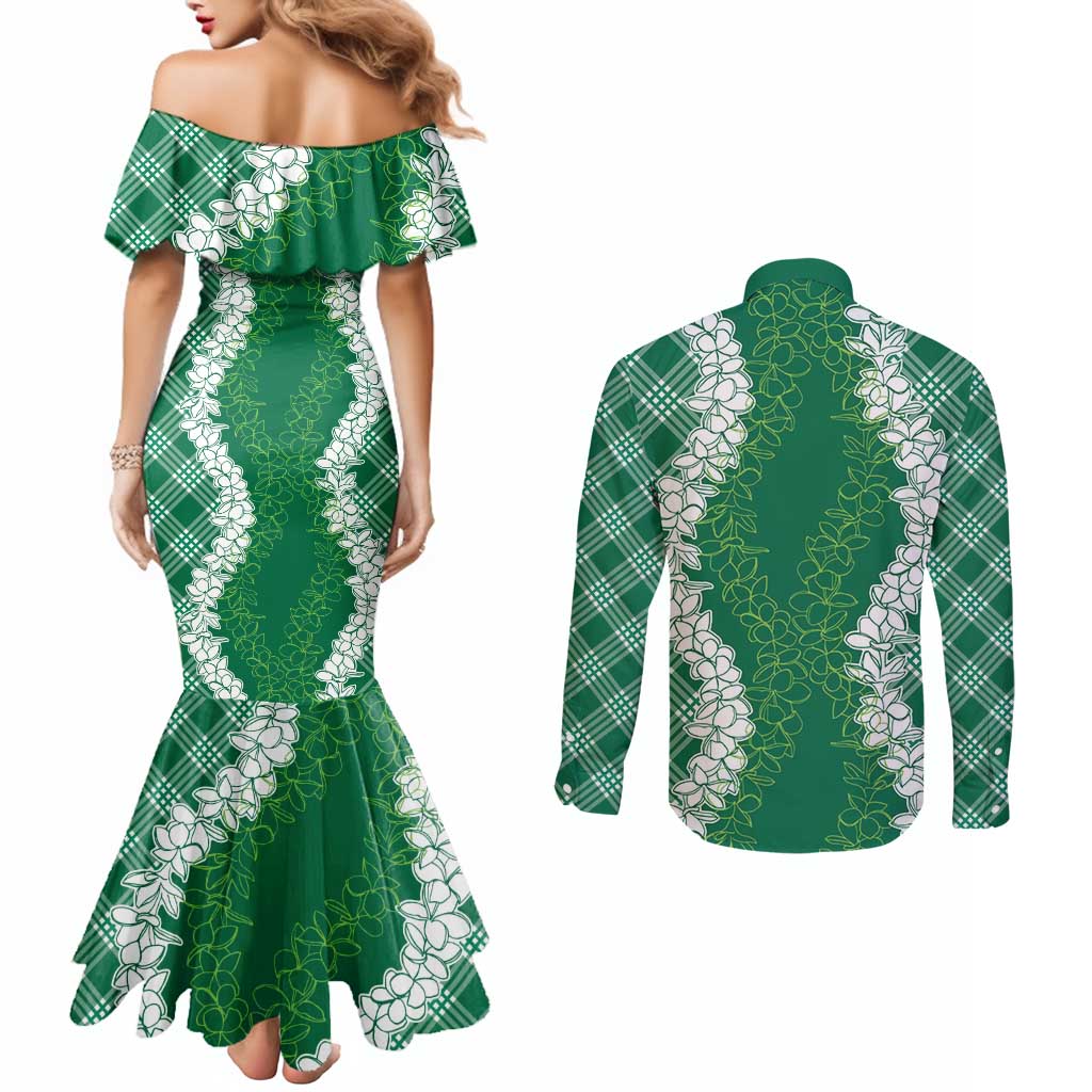 Hawaii Aloha Plumeria Lei Green Palaka Couples Matching Mermaid Dress and Long Sleeve Button Shirt LT7 - Polynesian Pride