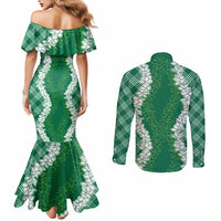 Hawaii Aloha Plumeria Lei Green Palaka Couples Matching Mermaid Dress and Long Sleeve Button Shirt LT7 - Polynesian Pride