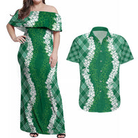 Hawaii Aloha Plumeria Lei Green Palaka Couples Matching Off Shoulder Maxi Dress and Hawaiian Shirt LT7 Green - Polynesian Pride