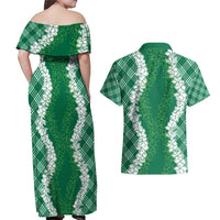 Hawaii Aloha Plumeria Lei Green Palaka Couples Matching Off Shoulder Maxi Dress and Hawaiian Shirt LT7 - Polynesian Pride