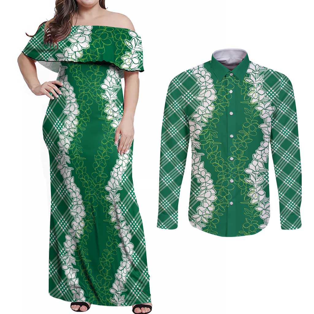 Hawaii Aloha Plumeria Lei Green Palaka Couples Matching Off Shoulder Maxi Dress and Long Sleeve Button Shirt LT7 Green - Polynesian Pride
