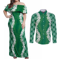 Hawaii Aloha Plumeria Lei Green Palaka Couples Matching Off Shoulder Maxi Dress and Long Sleeve Button Shirt LT7 Green - Polynesian Pride