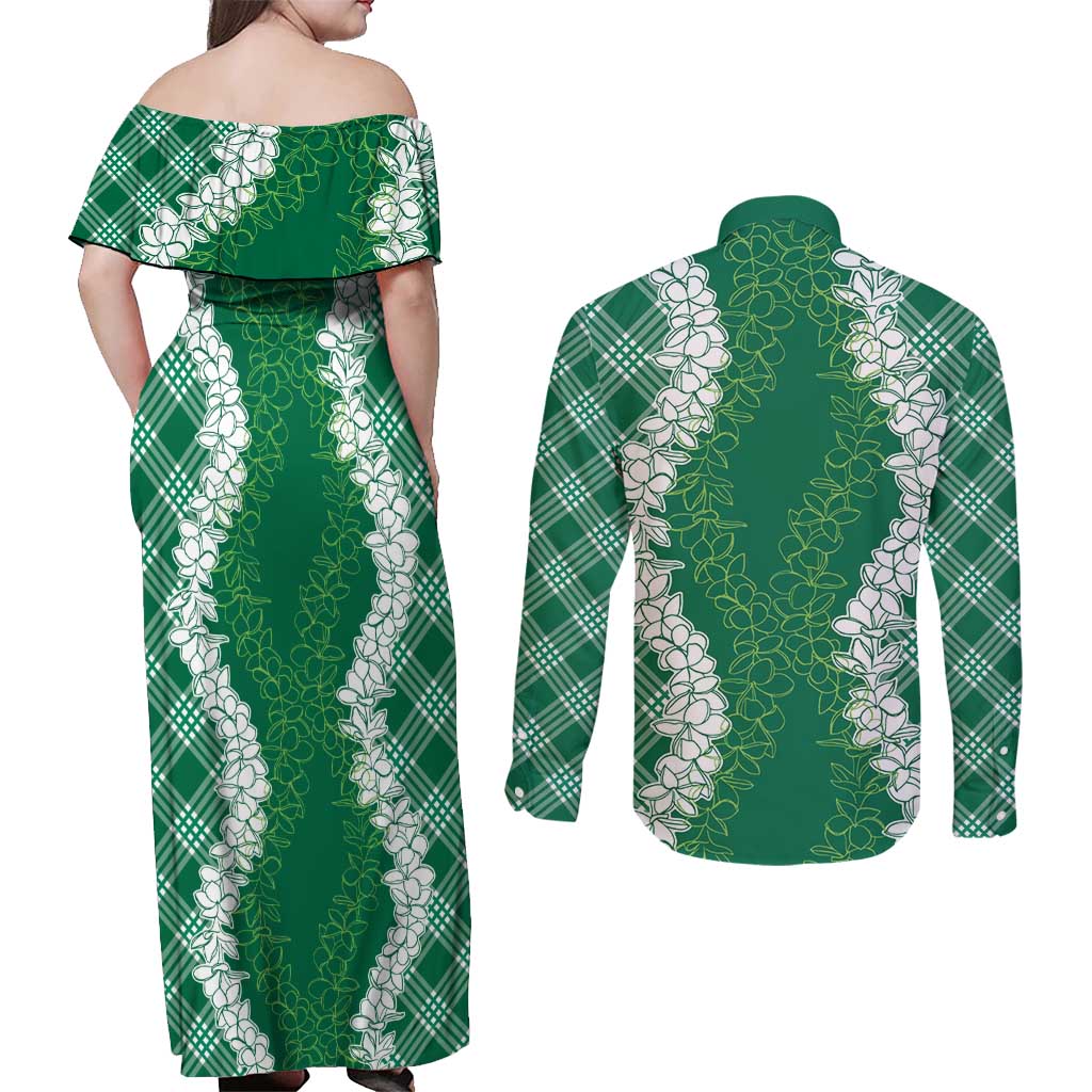 Hawaii Aloha Plumeria Lei Green Palaka Couples Matching Off Shoulder Maxi Dress and Long Sleeve Button Shirt LT7 - Polynesian Pride