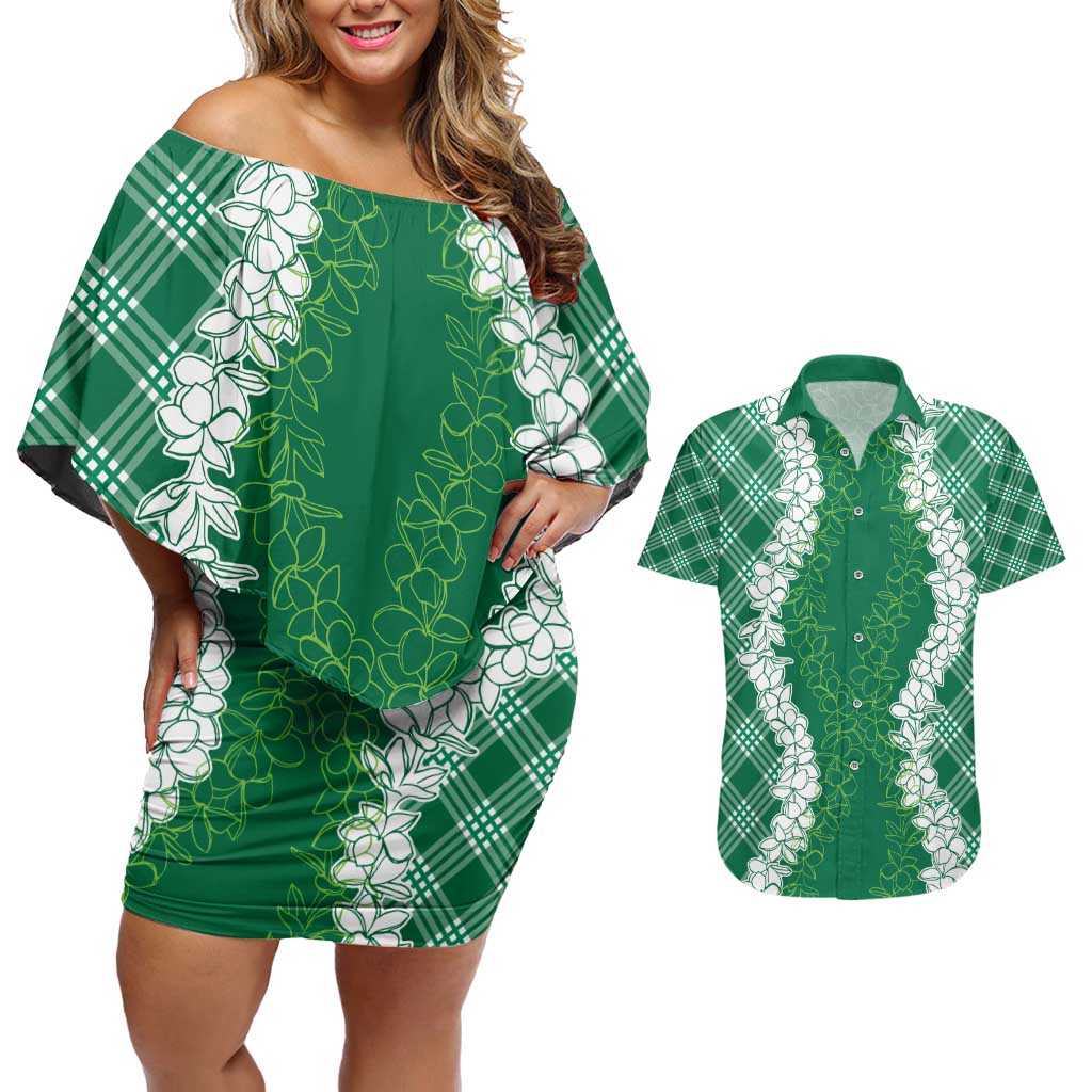 Hawaii Aloha Plumeria Lei Green Palaka Couples Matching Off Shoulder Short Dress and Hawaiian Shirt LT7 Green - Polynesian Pride