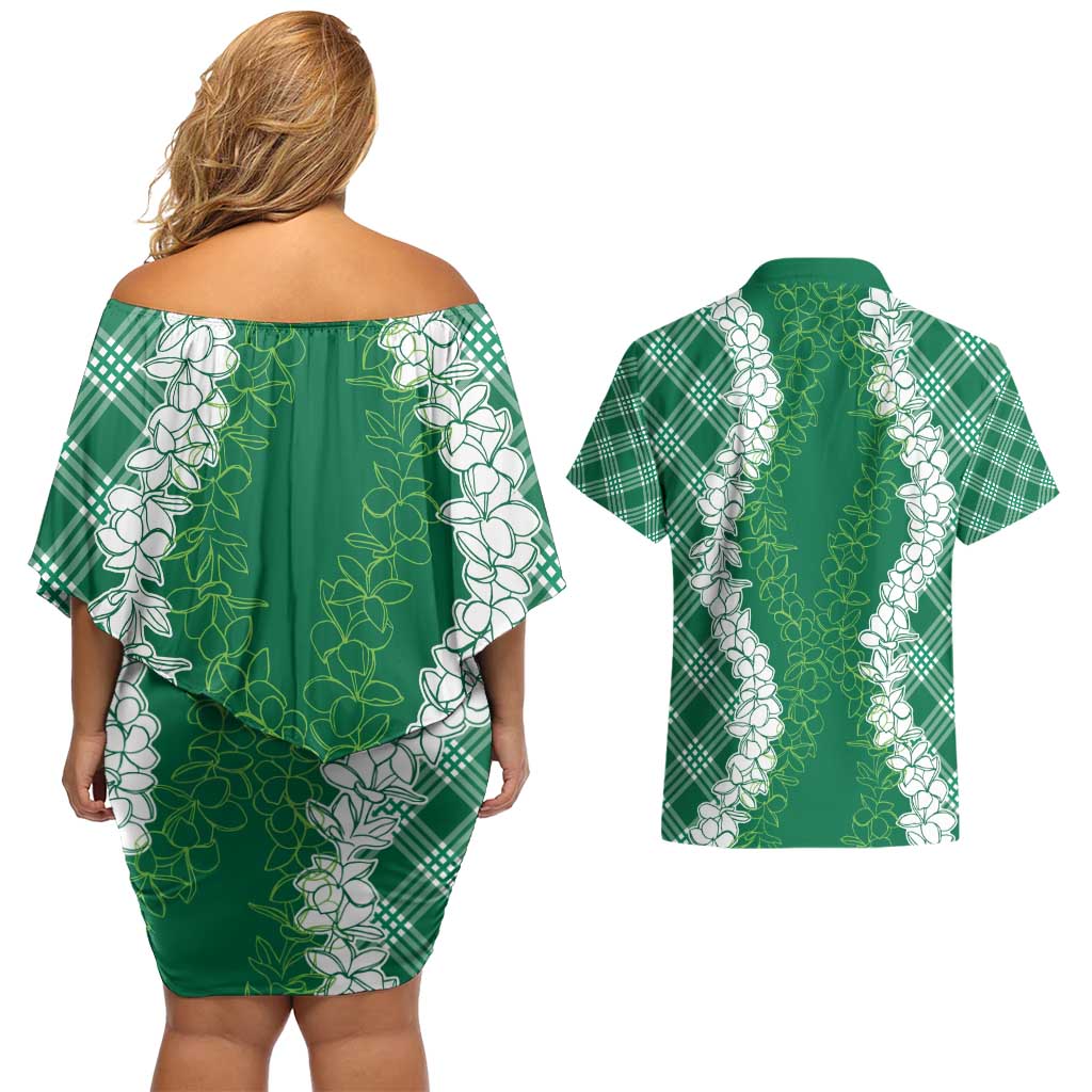 Hawaii Aloha Plumeria Lei Green Palaka Couples Matching Off Shoulder Short Dress and Hawaiian Shirt LT7 - Polynesian Pride