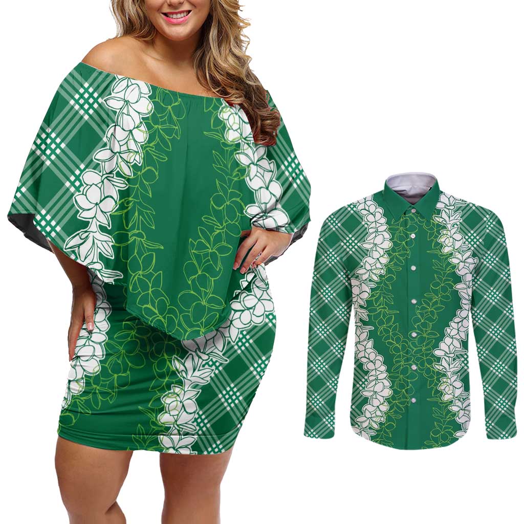 Hawaii Aloha Plumeria Lei Green Palaka Couples Matching Off Shoulder Short Dress and Long Sleeve Button Shirt LT7 Green - Polynesian Pride