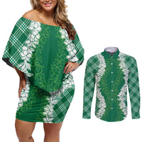 Hawaii Aloha Plumeria Lei Green Palaka Couples Matching Off Shoulder Short Dress and Long Sleeve Button Shirt LT7 Green - Polynesian Pride