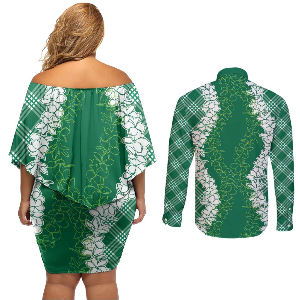 Hawaii Aloha Plumeria Lei Green Palaka Couples Matching Off Shoulder Short Dress and Long Sleeve Button Shirt LT7 - Polynesian Pride