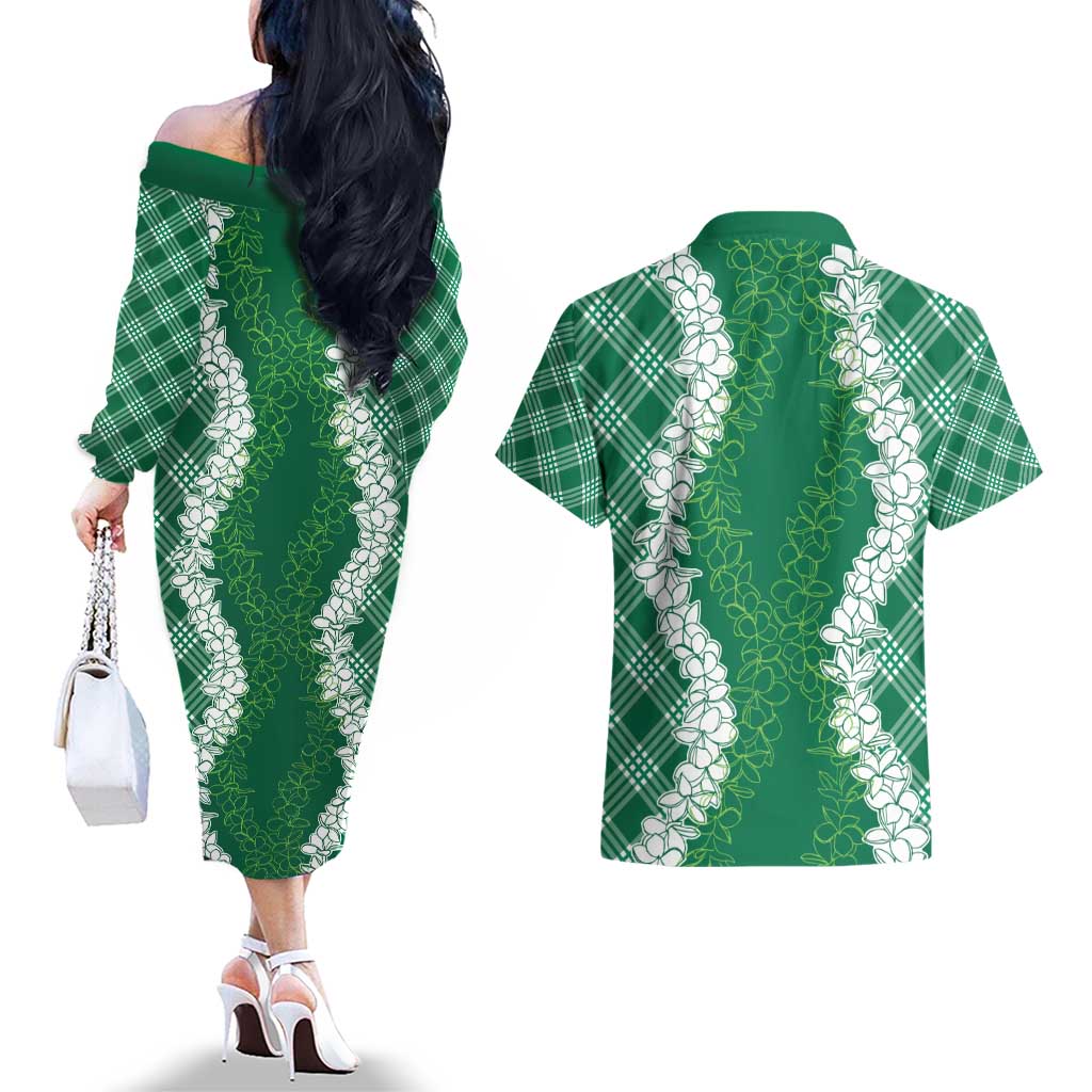 Hawaii Aloha Plumeria Lei Green Palaka Couples Matching Off The Shoulder Long Sleeve Dress and Hawaiian Shirt LT7 - Polynesian Pride