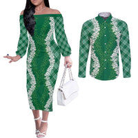 Hawaii Aloha Plumeria Lei Green Palaka Couples Matching Off The Shoulder Long Sleeve Dress and Long Sleeve Button Shirt LT7 Green - Polynesian Pride