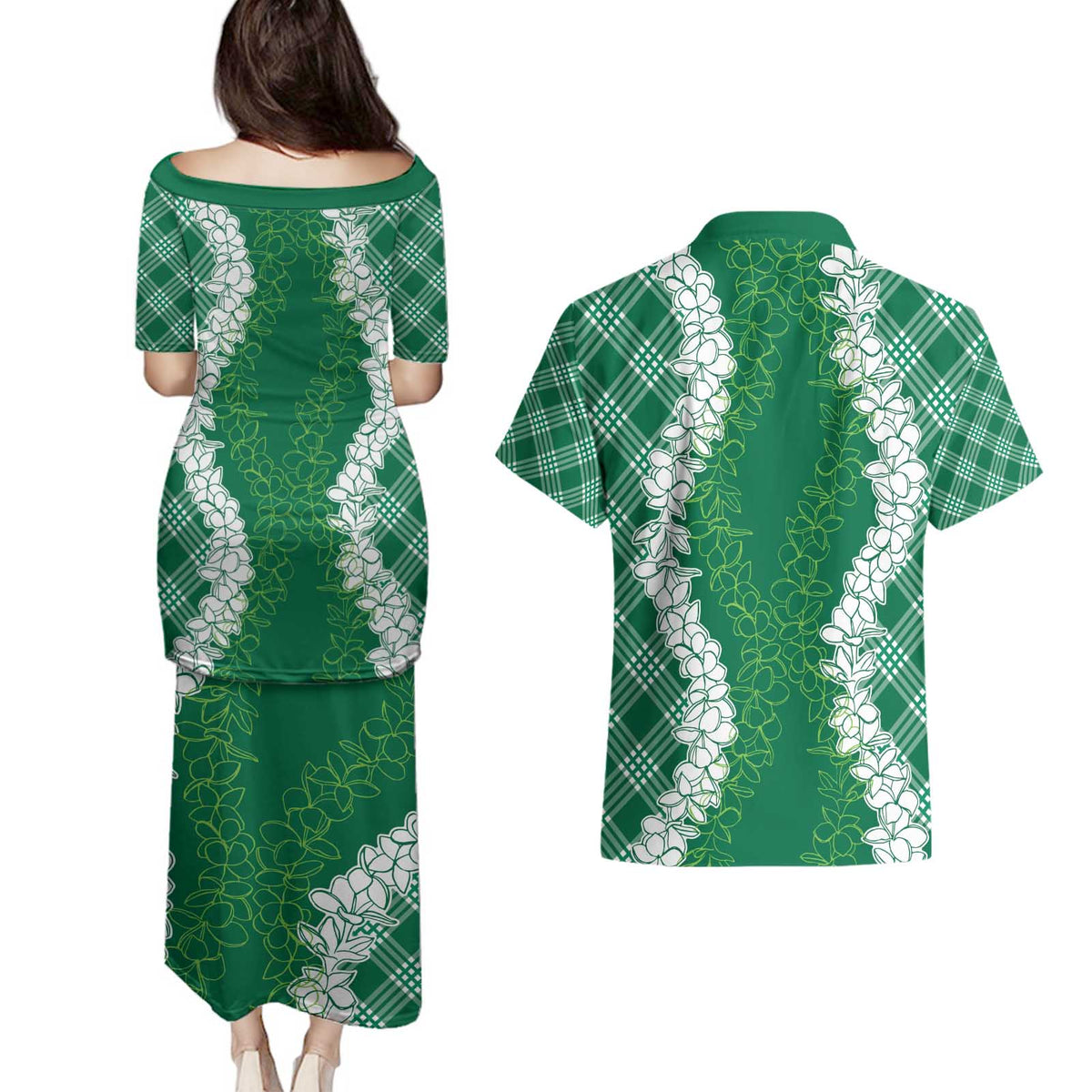 Hawaii Aloha Plumeria Lei Green Palaka Couples Matching Puletasi and Hawaiian Shirt LT7 - Polynesian Pride