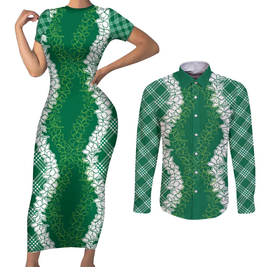 Hawaii Aloha Plumeria Lei Green Palaka Couples Matching Short Sleeve Bodycon Dress and Long Sleeve Button Shirt LT7 Green - Polynesian Pride