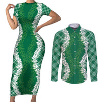 Hawaii Aloha Plumeria Lei Green Palaka Couples Matching Short Sleeve Bodycon Dress and Long Sleeve Button Shirt LT7 Green - Polynesian Pride