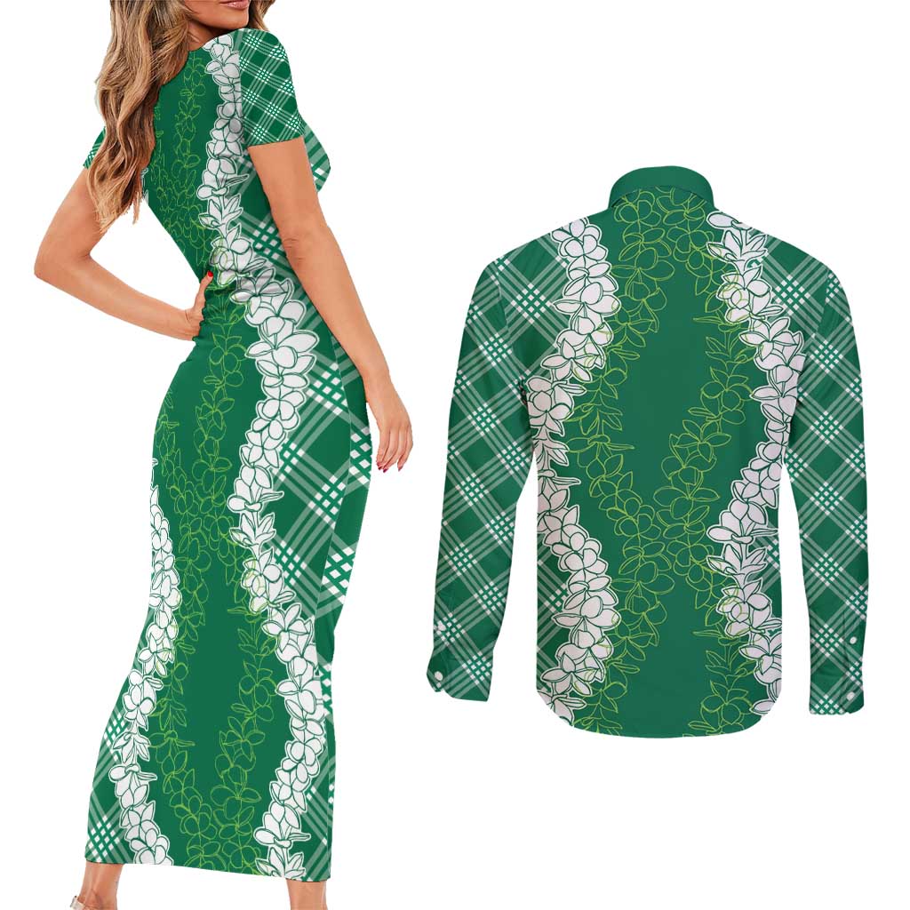 Hawaii Aloha Plumeria Lei Green Palaka Couples Matching Short Sleeve Bodycon Dress and Long Sleeve Button Shirt LT7 - Polynesian Pride