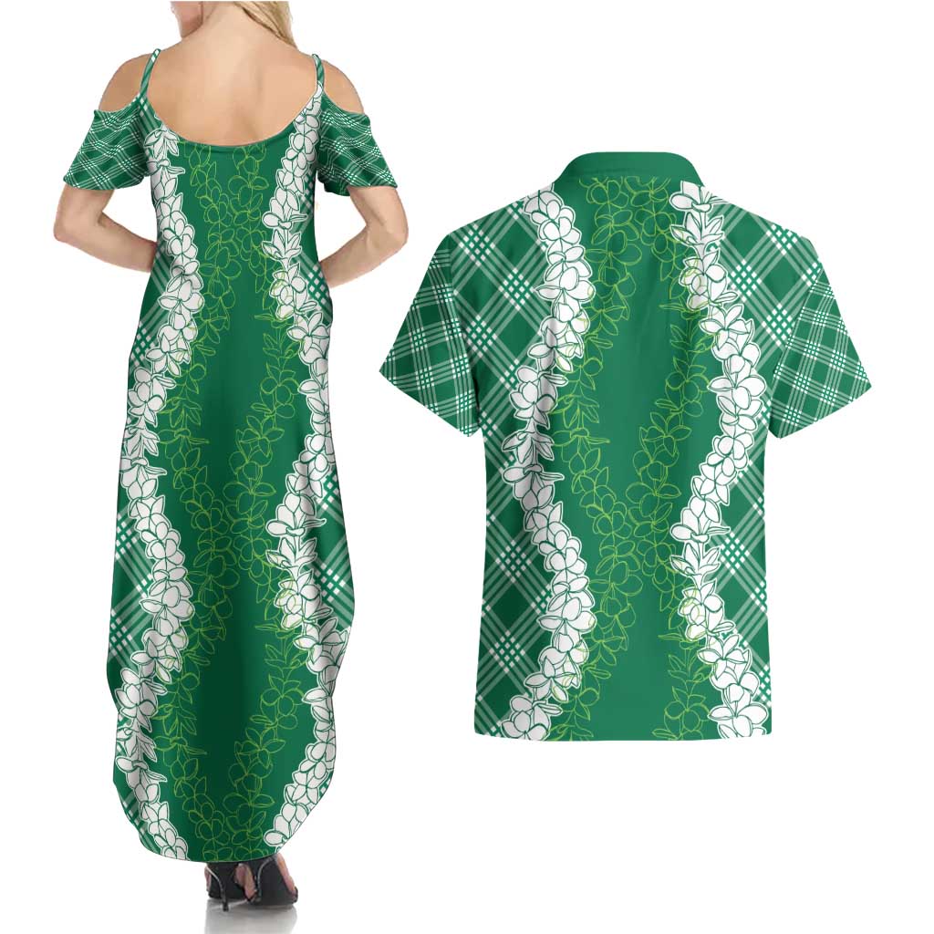 Hawaii Aloha Plumeria Lei Green Palaka Couples Matching Summer Maxi Dress and Hawaiian Shirt LT7 - Polynesian Pride