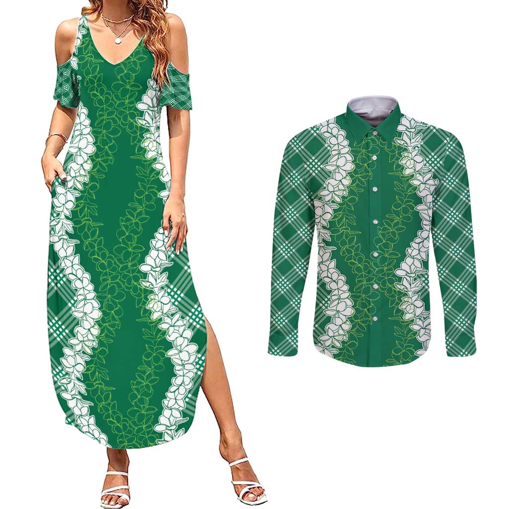 Hawaii Aloha Plumeria Lei Green Palaka Couples Matching Summer Maxi Dress and Long Sleeve Button Shirt LT7 Green - Polynesian Pride