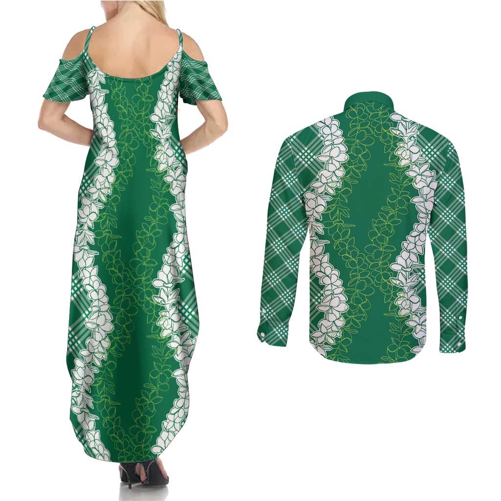 Hawaii Aloha Plumeria Lei Green Palaka Couples Matching Summer Maxi Dress and Long Sleeve Button Shirt LT7 - Polynesian Pride