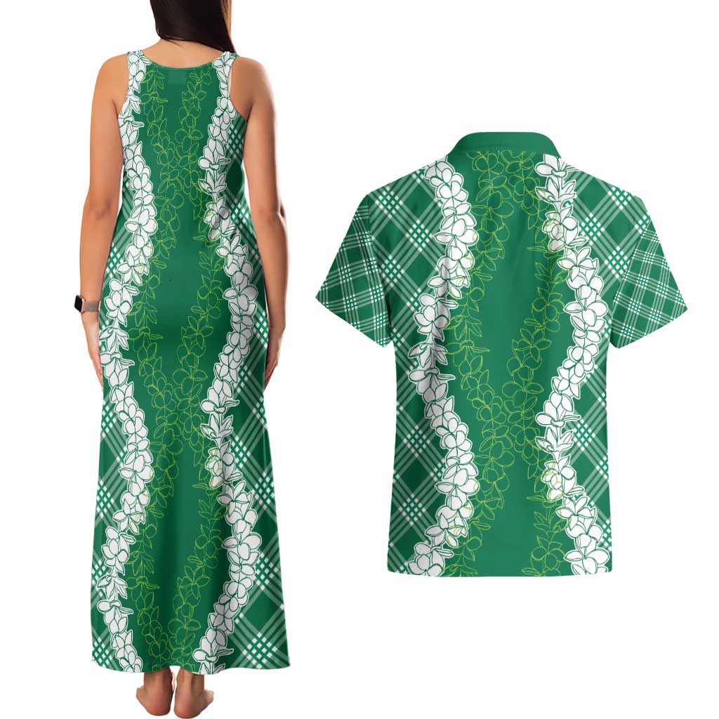 Hawaii Aloha Plumeria Lei Green Palaka Couples Matching Tank Maxi Dress and Hawaiian Shirt LT7 - Polynesian Pride