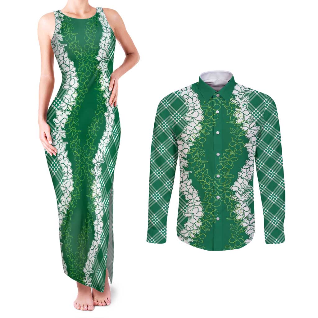 Hawaii Aloha Plumeria Lei Green Palaka Couples Matching Tank Maxi Dress and Long Sleeve Button Shirt LT7 Green - Polynesian Pride